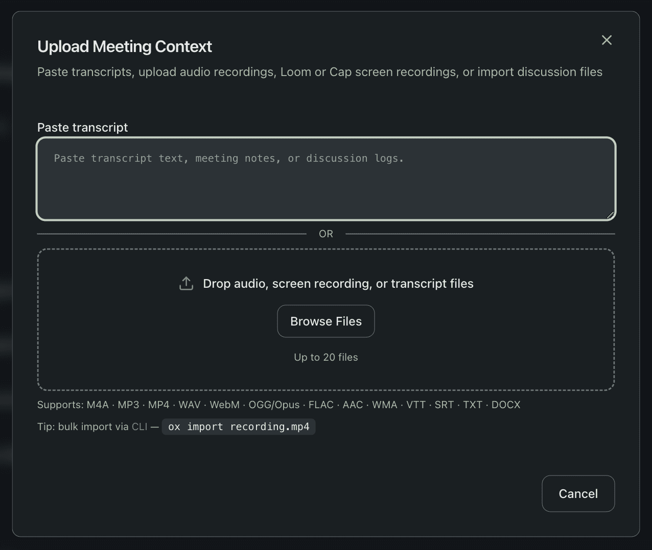 Upload Meeting Context dialog with drag-and-drop area and format list