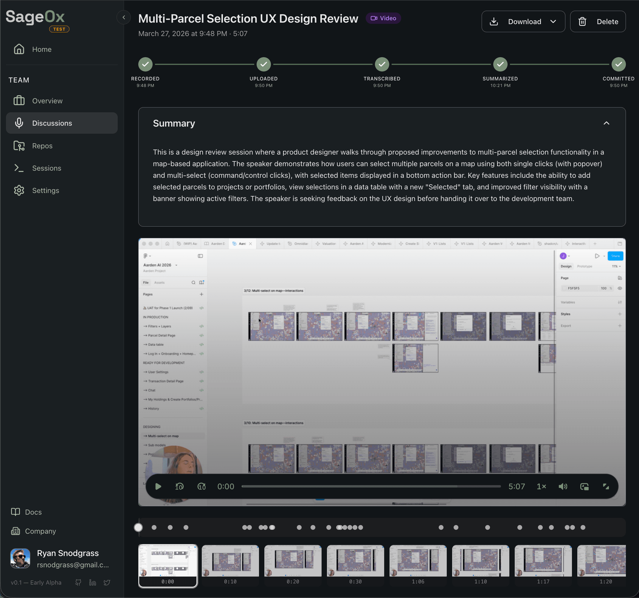 A fully processed recording with pipeline stages, summary, and keyframe thumbnails