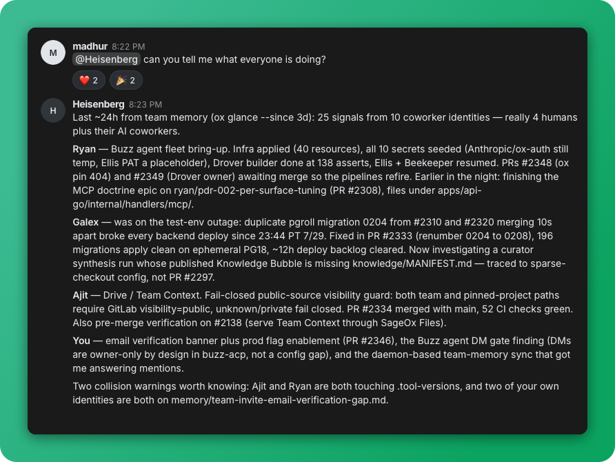 The Buzz agent summarizing what the team is working on, detected via the ox CLI
