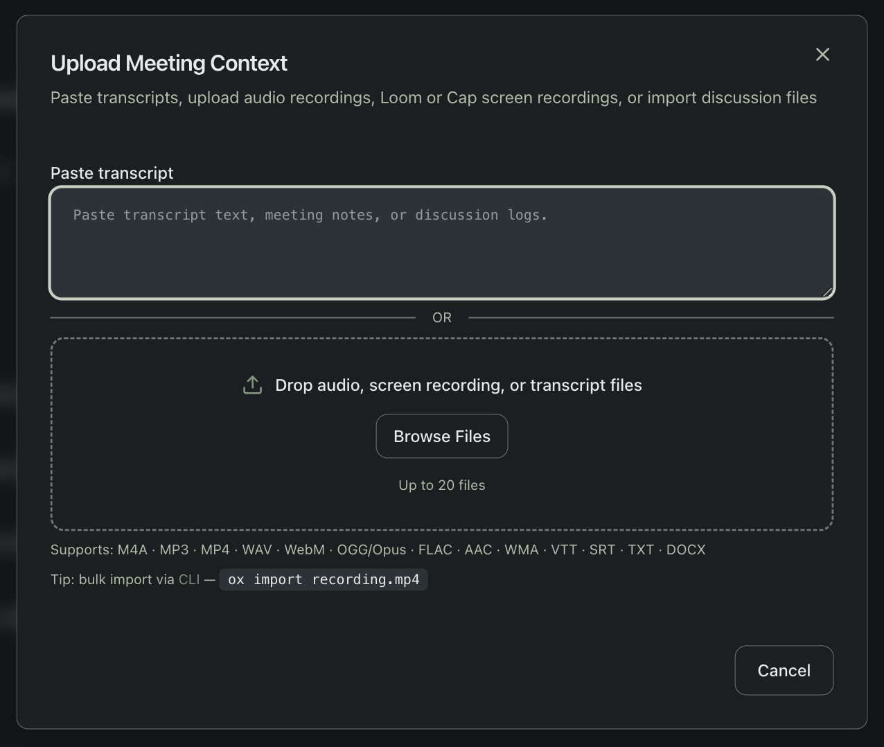 Upload dialog with drag-and-drop area